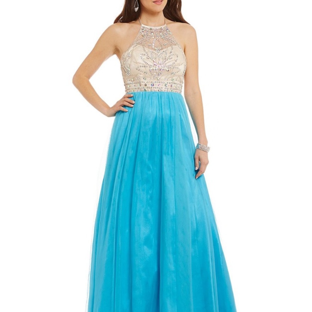 NEW! Masquerade turquoise/nude illusion prom gown